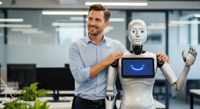 Friendly business manager embraces humanoid ai agent as partner in workplace demonstrating happy collaboration and future technology