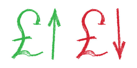 Hand drawn british pound currency symbol Growth and fall profit with arrow up and down Brush stroke doodle Element for design