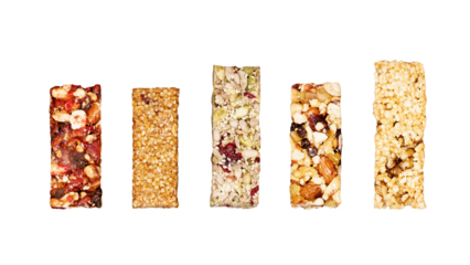Isolated Assortment Of Granola And Nut Bars Isolated On Transparent Background. Concept Of Healthy Snack Options, Energy Bar Branding, Clean Eating Products, Sport Nutrition, Natural Food Advertising