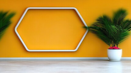 A minimalist interior scene featuring a vibrant orange wall with a white hexagonal frame and two potted palm plants.