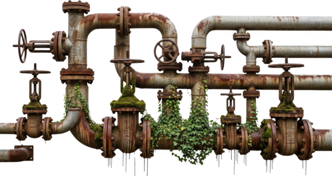 Abandoned industrial pipeline system with corroded metal pipes valves and creeping green ivy and moss over time rusted corrosion water gas infrastructure