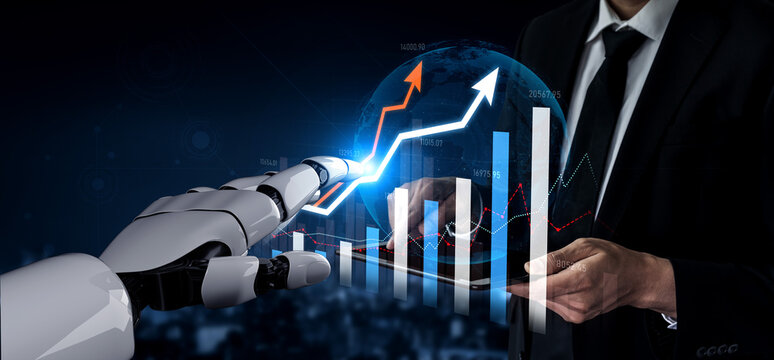 A robotic hand reaches toward a digital globe, symbolizing the collaboration between humans and machines in driving business growth and technological advancement. Scalp - Powered by Adobe