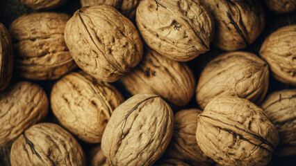 Lots of walnuts in their shells. Top view. Nutritious and delicious food.