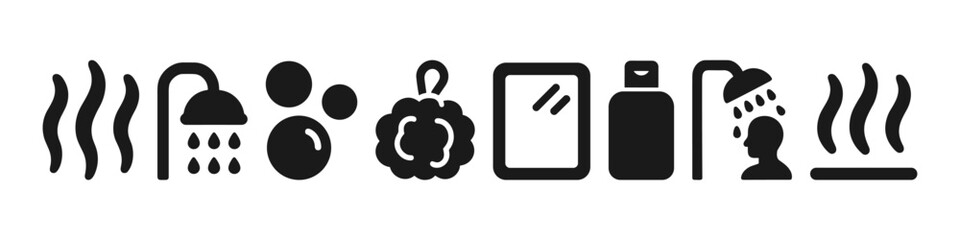 Bathroom symbols shower, bubbles, toilet, mirror, shampoo, steam icons