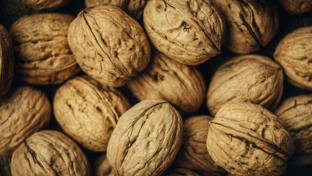 Lots of walnuts in their shells. Top view. Nutritious and delicious food.