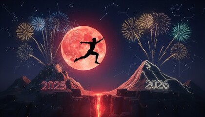 Silhouette person leaping from 2025 to 2026 under starry night sky, symbolizing new beginnings, dynamic motion. Suitable for marketing or business purposes