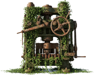 An old rusted industrial press machine overgrown with lush green ivy and vines depicting decay and nature's reclamation vintage antique plant abandoned
