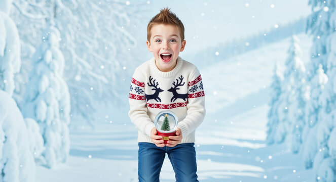 Excited young boy in a festive christmas sweater holding a snow globe. Happy child celebrating the winter holidays in a snowy forest