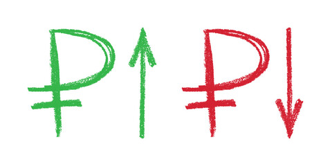 Hand drawn russian ruble currency symbol Growth and fall profit with arrow up and down Brush stroke doodle Element for design