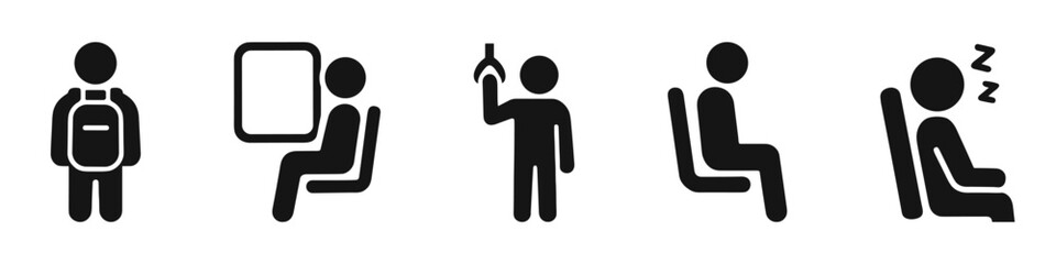 Public transport icons backpack, sitting, standing, sleeping pictograms