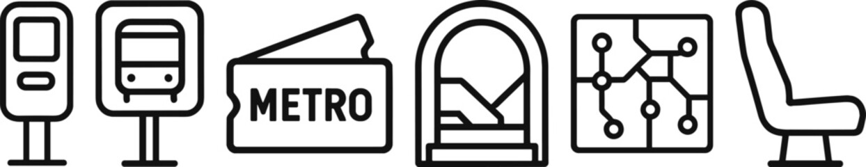 Subway icons ticket machines, train, metro pass, underground tunnel, network map, seat
