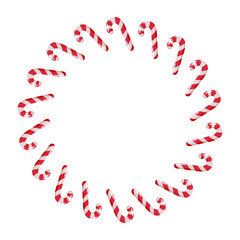 Festive wreath made of candy canes arranged in a circular shape. Christmas holiday vector background, sweet decoration design for cards, posters, and festive projects