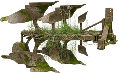 Close up of a rusty old farming plow overgrown with moss and tall green grass showing agricultural neglect and decay neglected vintage machinery equipment