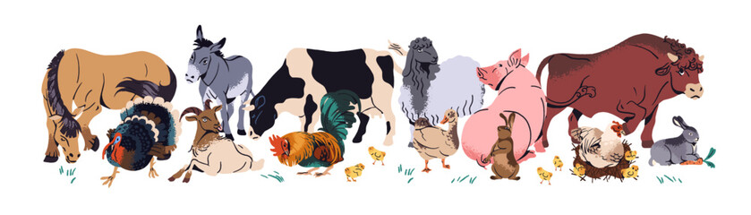 Crowd of different farm animals stands together. Group of ranch livestock. Happy countryside bull and cow, chickens, pig, sheep, horse and donkey. Flat isolated vector illustration on white background