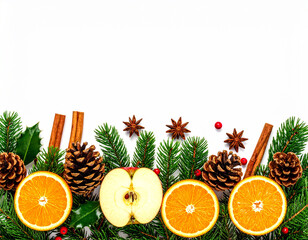 christmas decoration with fir tree branches, orange slices, apple, cinnamon, anise stars and pine cones isolated on transparent background, merry christmas frame
