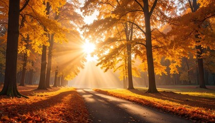 A road winds through trees bursting with autumn foliage, bathed in golden sunlight filtering through the branches