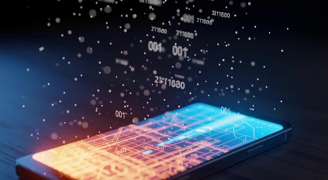 Digital data stream bursts from a futuristic smartphone screen with glowing circuit board graphics symbolizing global connectivity and massive information processing - Powered by Adobe