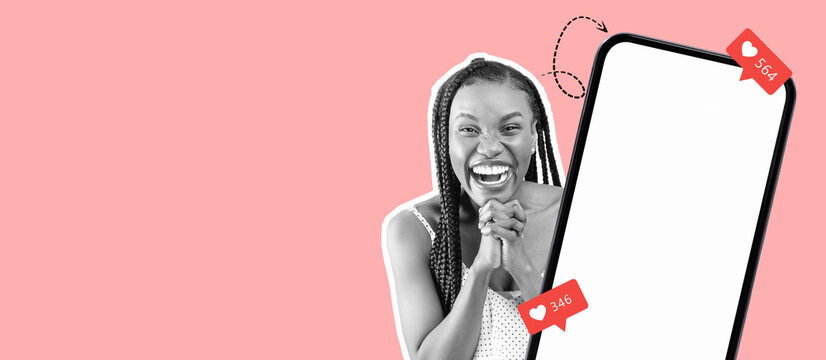 A joyful person expresses excitement while interacting with a phone displaying social media likes. Bright colors enhance the cheerful mood, capturing the essence of online connections and engagement. - Powered by Adobe