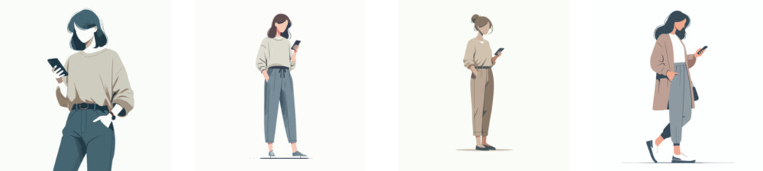 A woman standing and scrolling on her smartphone, casual outfit, flat design, simple and minimalistic style, white background