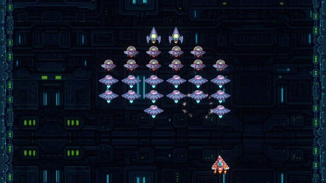 Retro pixel art battle scene showing a triangular spaceship fighting a formation of alien UFOs in a classic arcade-style vertical shooter with bright explosions and glowing sci-fi background.