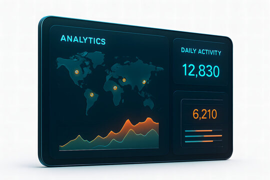 Minimal Flat Isometric UI Dashboard. Dark Mode Business Dashboard – Neon Cyan Orange Edition. Side-view isometric dark business dashboard.