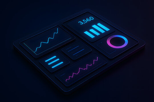 Minimal Flat Isometric UI Dashboard. Dark Mode Business Dashboard – Neon Contrast Series. Isometric Style Neon Data Dashboard Interface with Bar and Line Charts.