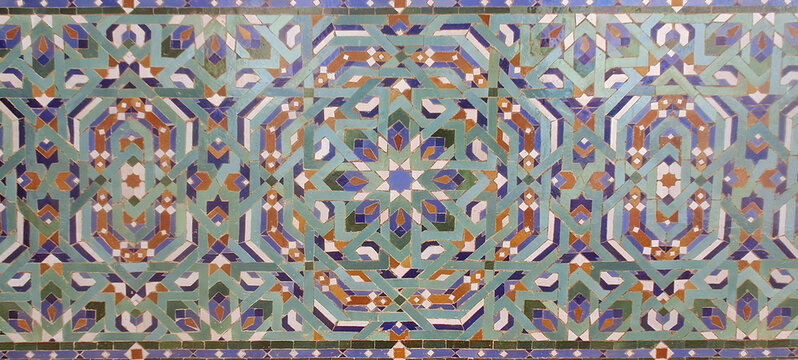 Zellige mosaic islamic geometric pattern traditional moroccan artwork. hassan ii mosque.