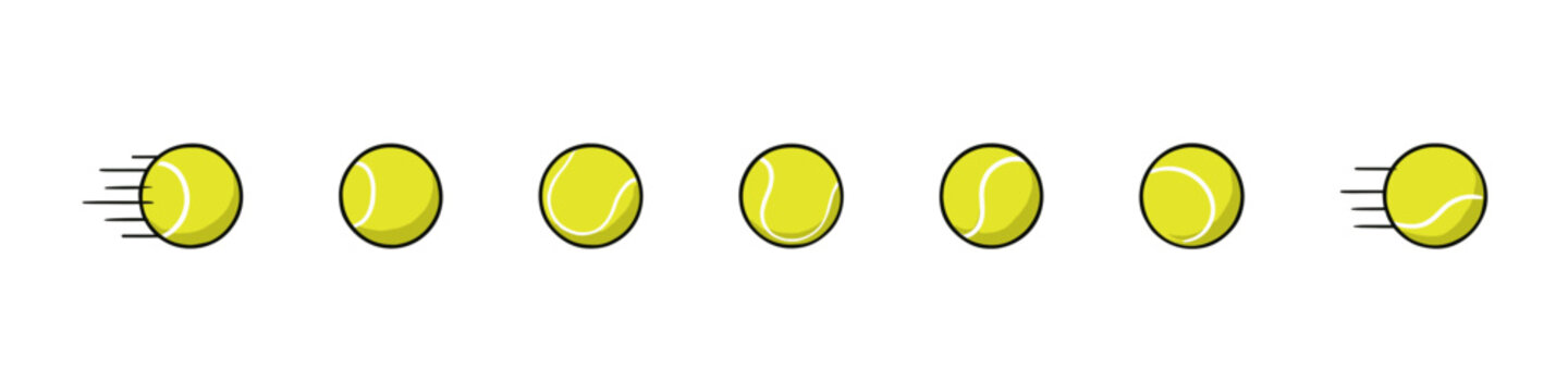 Tennis ball icon set. Sport equipment vector set. Tennis ball collection with static and motion versions for match, training, and game design.