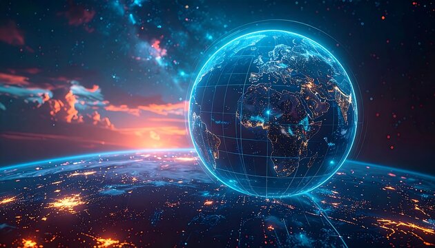 A vibrant earth hovering above a brightly lit planet with an orange-tinged sky - Powered by Adobe