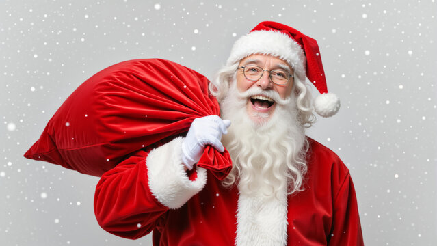 Laughing Santa Claus carrying a large red sack of gifts. Happy Father Christmas in a traditional costume against a snowy gray background. Merry Christmas holiday concept