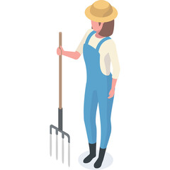Isometric farmer woman in blue overalls and straw hat holding a pitchfork on a white background with transparent background