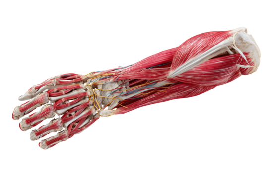 Detailed diagram of human upper limb musculature anatomy isolated on transparent White background png