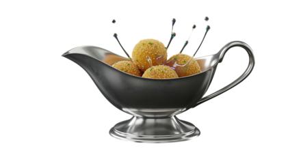 Golden sweets in a silver gravy boat vibrant and delicious on transparent background