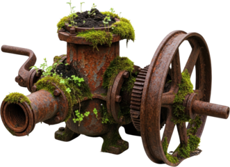 Ancient rusted industrial machinery overgrown with moss and small plants showcasing decay and regrowth Vintage Gear Wheel Rusty Old Equipment Nature Green