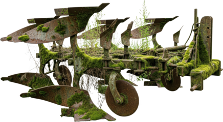 Old rusty plow with vibrant green moss growth and sparse weeds captured in a detailed isolated close up view agriculture farming equipment neglected overgrown