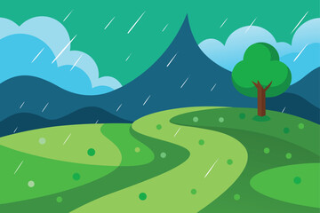 Obraz premium Rainy landscape with green hills, winding road, mountains, and tree