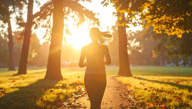 A silhouetted woman runs along a sunlit path through a park, trees framing a golden, morning light