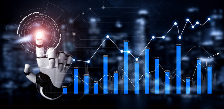 A sophisticated robotic hand interacts with a vibrant digital chart, showcasing analytics and trends in finance. This image epitomizes technology role in data-driven decision-making. Scalp