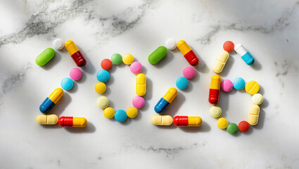 Colorful pills forming the year 2026 on marble background