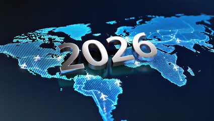 Futuristic 2026 world map with global airplane travel routes highlighted in blue