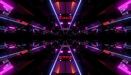 A symmetrical, futuristic tunnel with glowing pink, purple, and orange neon lights fading into a dark vanishing point