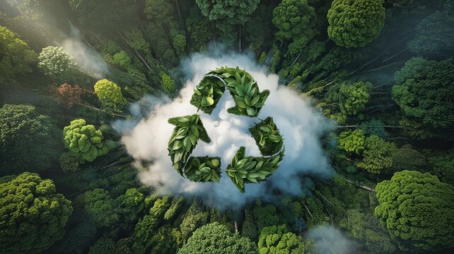 A bird's-eye view of a lush green forest, an area in the shape of a white cloud in the center, which features a green recycling icon made of leaves, three green arrows rotating clockwise.
