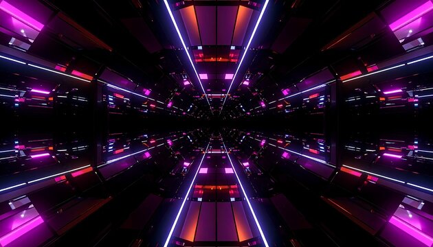 A symmetrical, futuristic tunnel with glowing pink, purple, and orange neon lights fading into a dark vanishing point