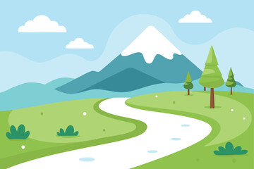 Fototapeta premium Winding road through lush green mountains with snow-capped peak and trees