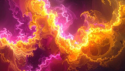 Abstract, billowing clouds of orange, yellow, and pink swirls on a dark backdrop, resembling a vibrant, fiery storm