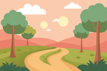 Obraz premium A winding country road through a forest with green trees and orange sky