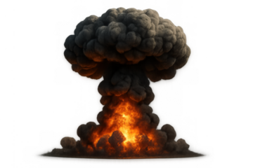 Explosive mushroom cloud forming, showing destruction and power from a nuclear blast or large scale explosion