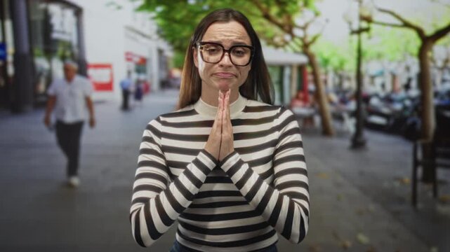 Woman with hands pressed together in pleading pose on a city street lined with trees and cafes; apologetic plea.