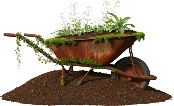 An old rusted wheelbarrow filled with soil green moss and small flowering plants rests on a mound of dirt its handles entwined with ivy garden gardening
