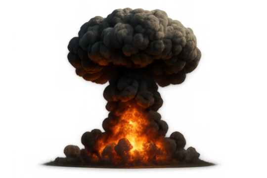 Explosive mushroom cloud forming, showing destruction and power from a nuclear blast or large scale explosion